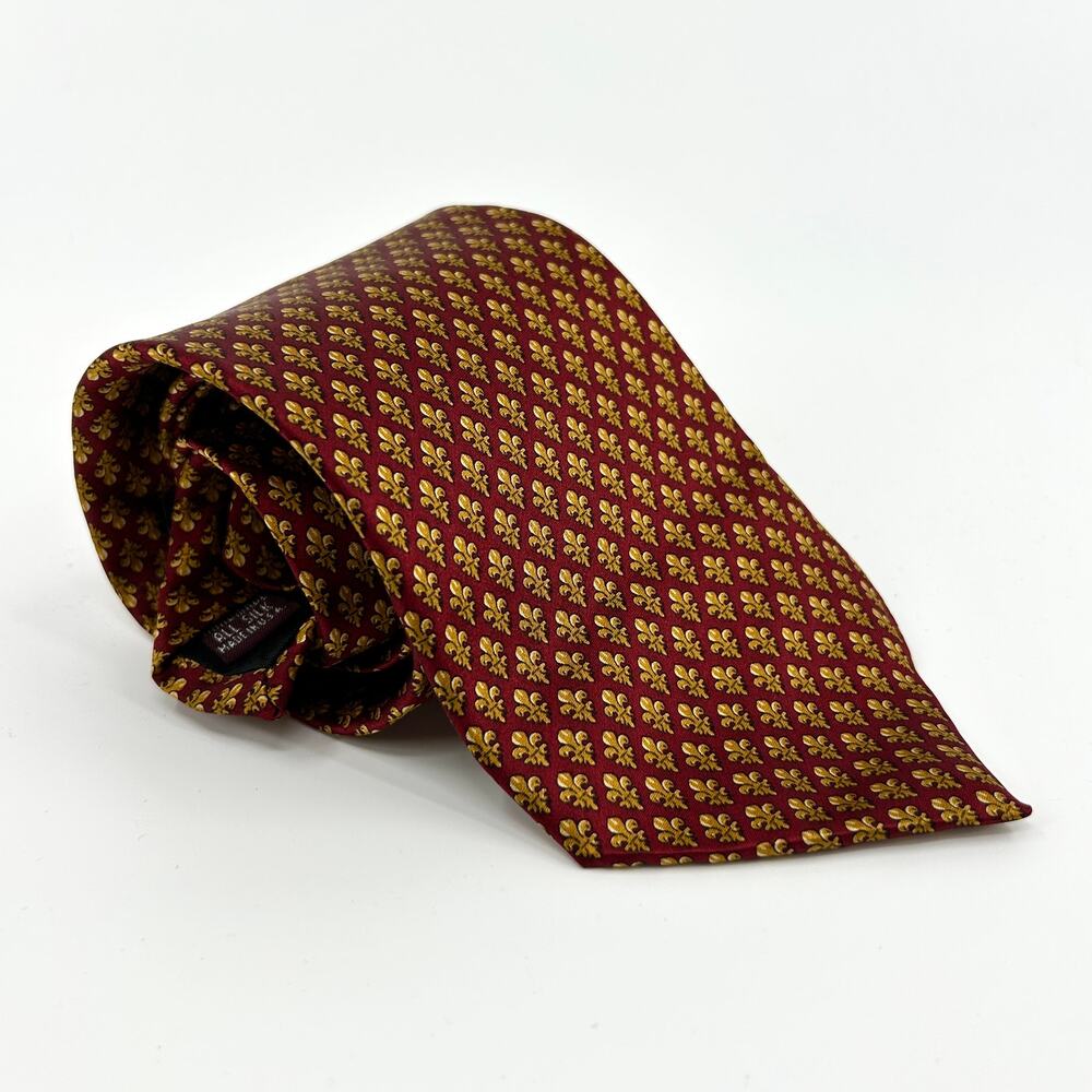 Vintage 80s Crooks & Creed Red Gold 100% Silk Fleur De Lis Necktie